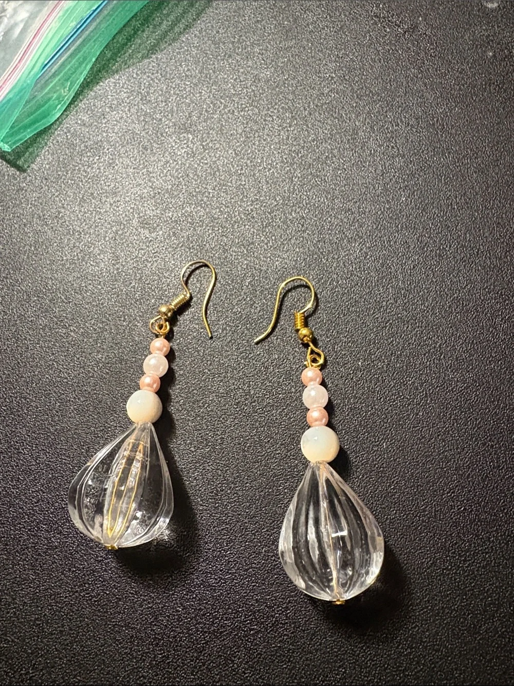 Clear Teardrop Glass Bead Dangle Earrings with Pink Accents